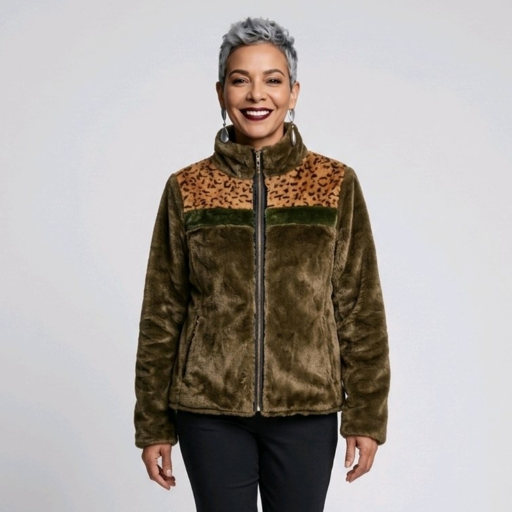 Women's Olive Green Faux Fur Jacket with Leopard Print